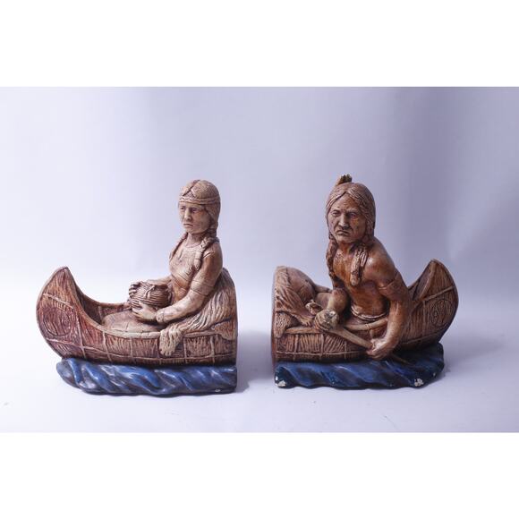 Native American, Indians in Canoe, Bookends, Universal Statuary, 1979, Library, - Picture 1 of 5